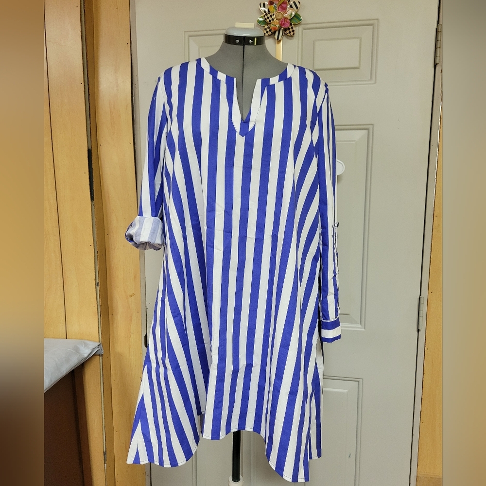 New York & Company Blue and White Striped Shirt Dreaa